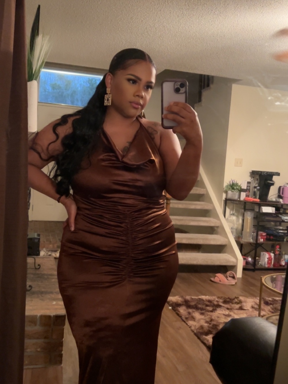 Satin Cowl Neck Ruched Maxi Dress - Chocolate Brown